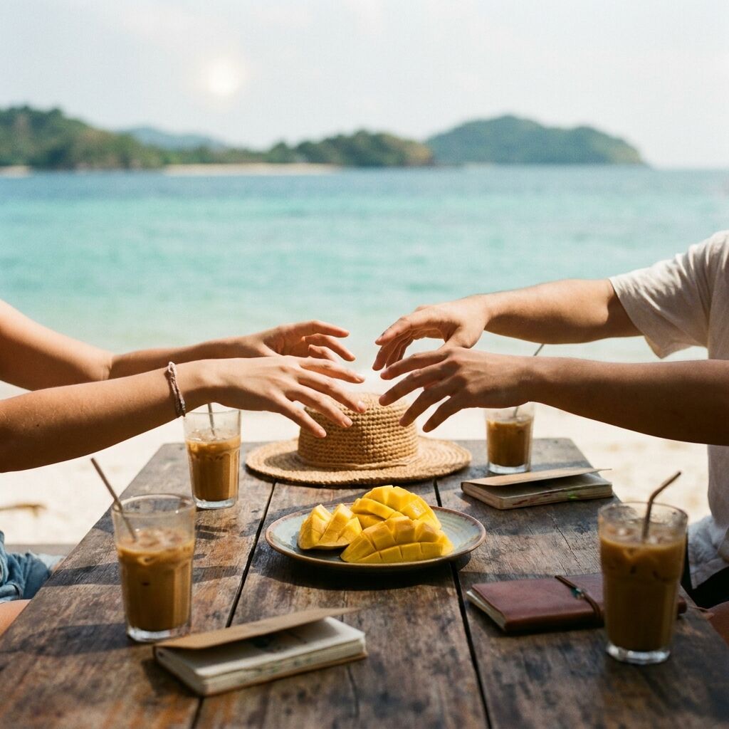 海辺のカフェのテーブル。アイスコーヒーとマンゴー、麦わら帽子