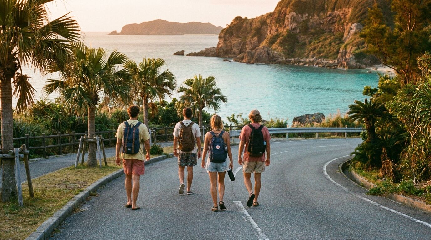 夕方の海沿いの道を、4人の友達が海へ向かって歩いていく