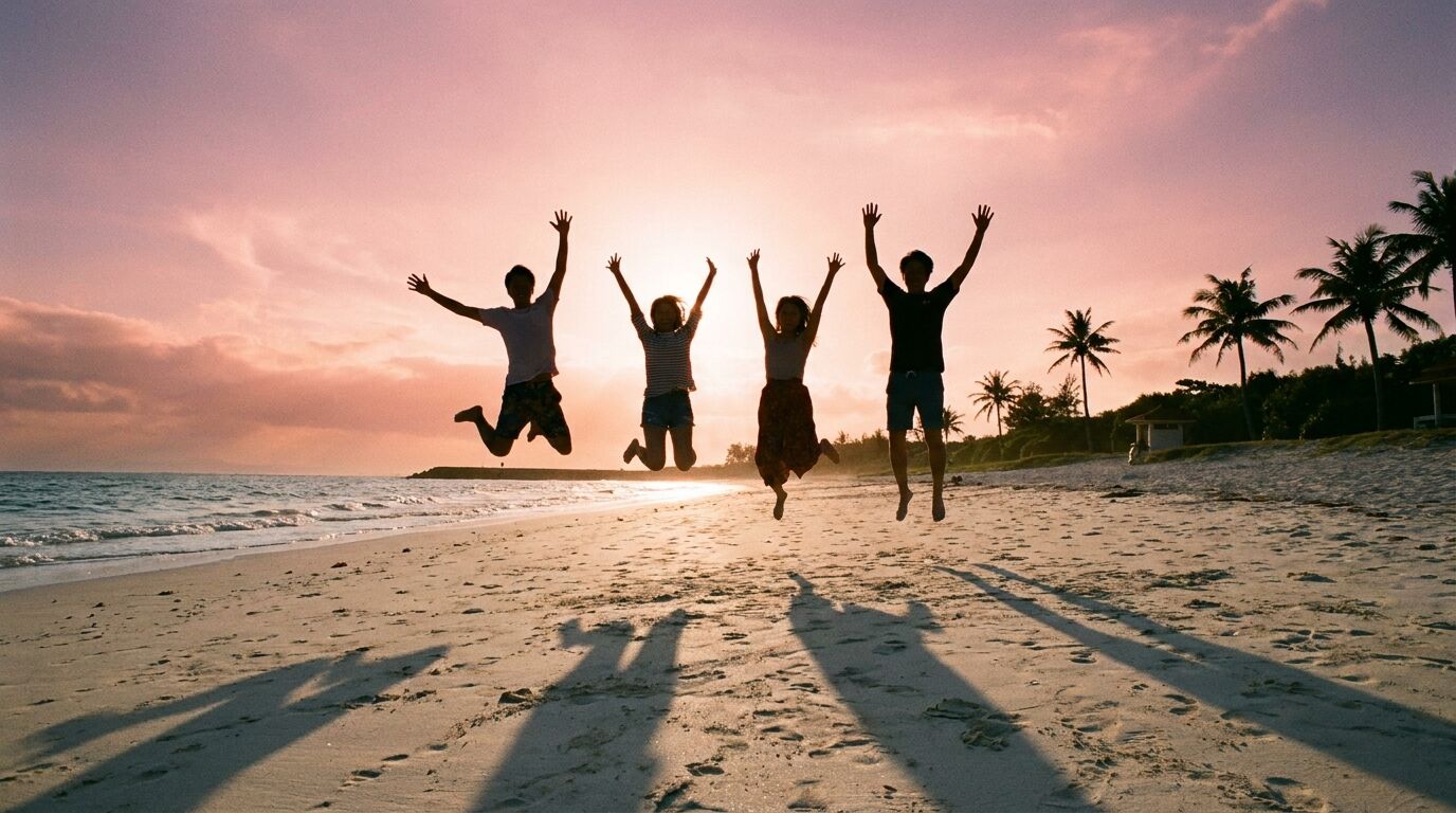 夕焼けの浜辺でジャンプする4人のシルエット