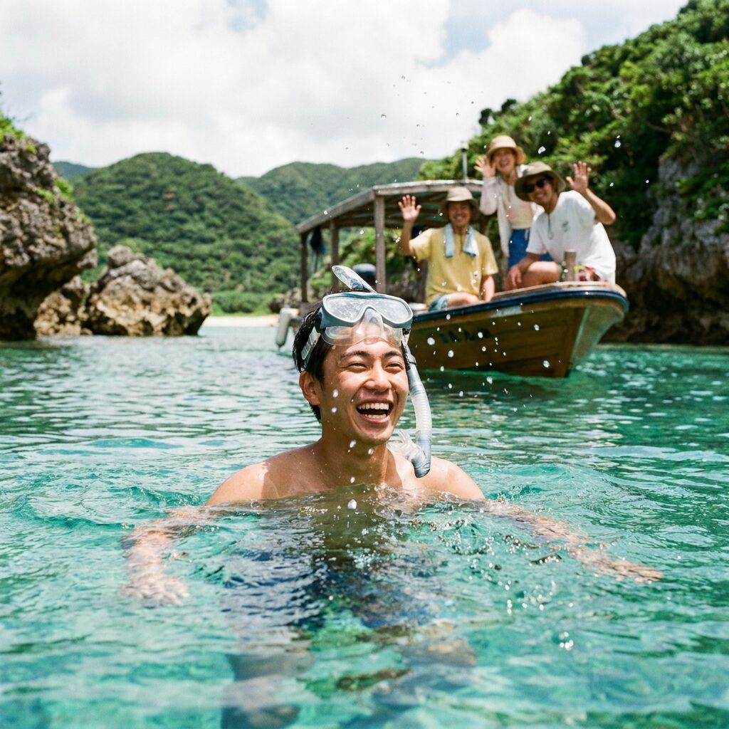 シュノーケルをつけて海面から顔を出し、笑っている